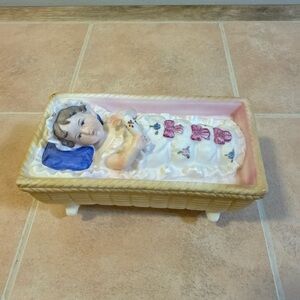 Antique Piano Baby Bisque Porcelain Heubach Girl In Rocking Cradle 6.25”